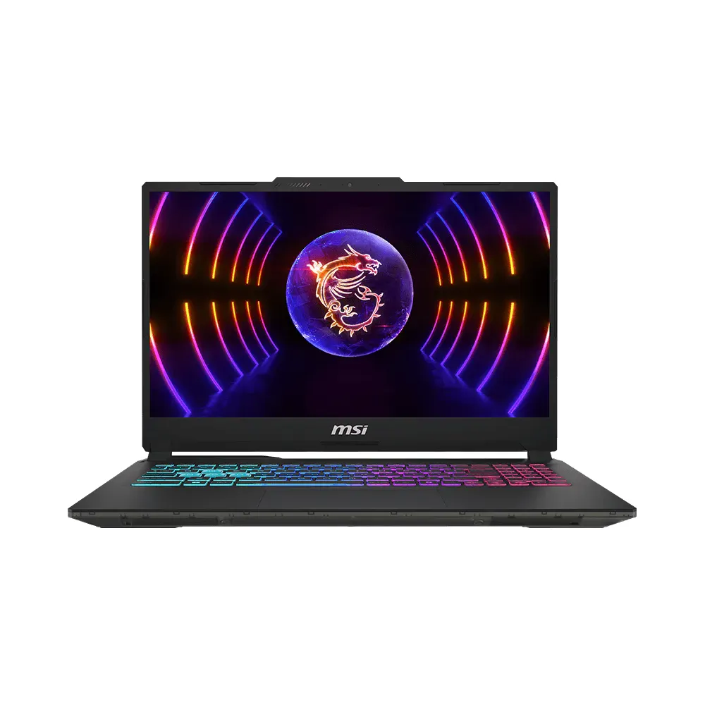 Renkli klavyeli ve ekranında ejderha logosu bulunan bir MSI dizüstü bilgisayar.