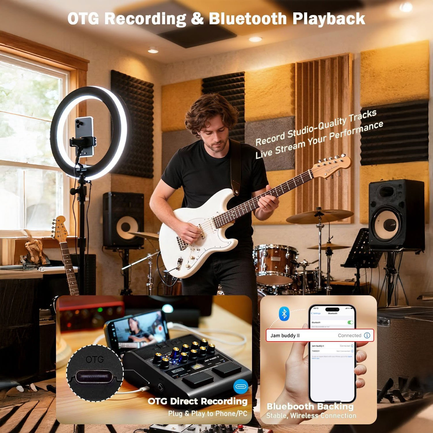 Stüdyoda gitar çalan adam, halka ışık, ses mikseri ve Bluetooth bağlantısı gösteriliyor.