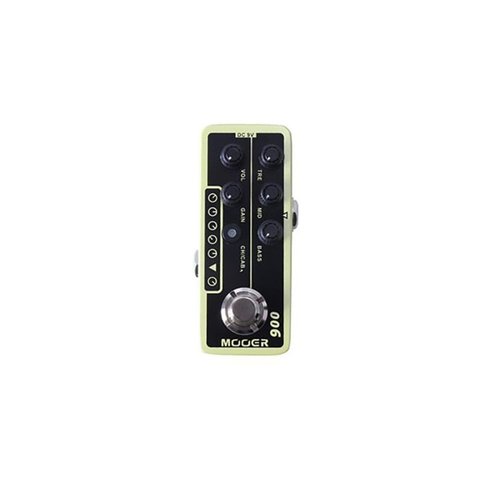 Vol, Gain, Chic/Cab, Tre, Mid, Bass düğmeli küçük, açık yeşil gitar efekt pedalı.