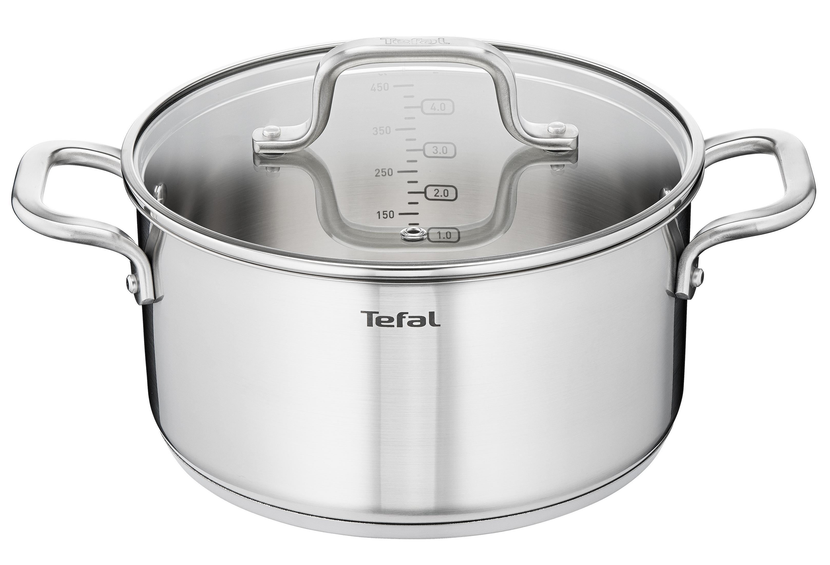 Olla de acero inoxidable con tapa de cristal y marcas de medida internas. Logo Tefal al frente.