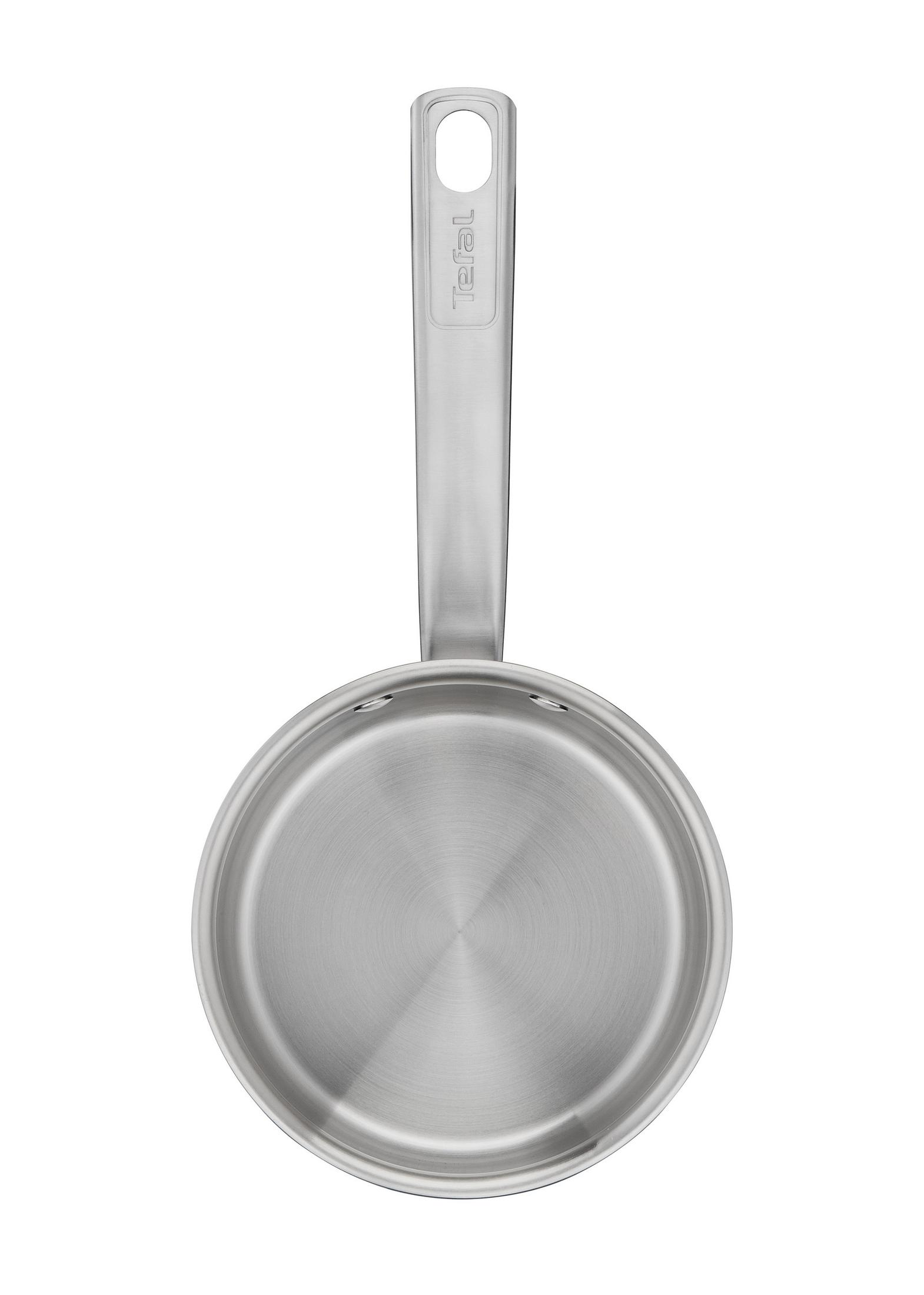Olla de acero inoxidable con asa y marca Tefal.