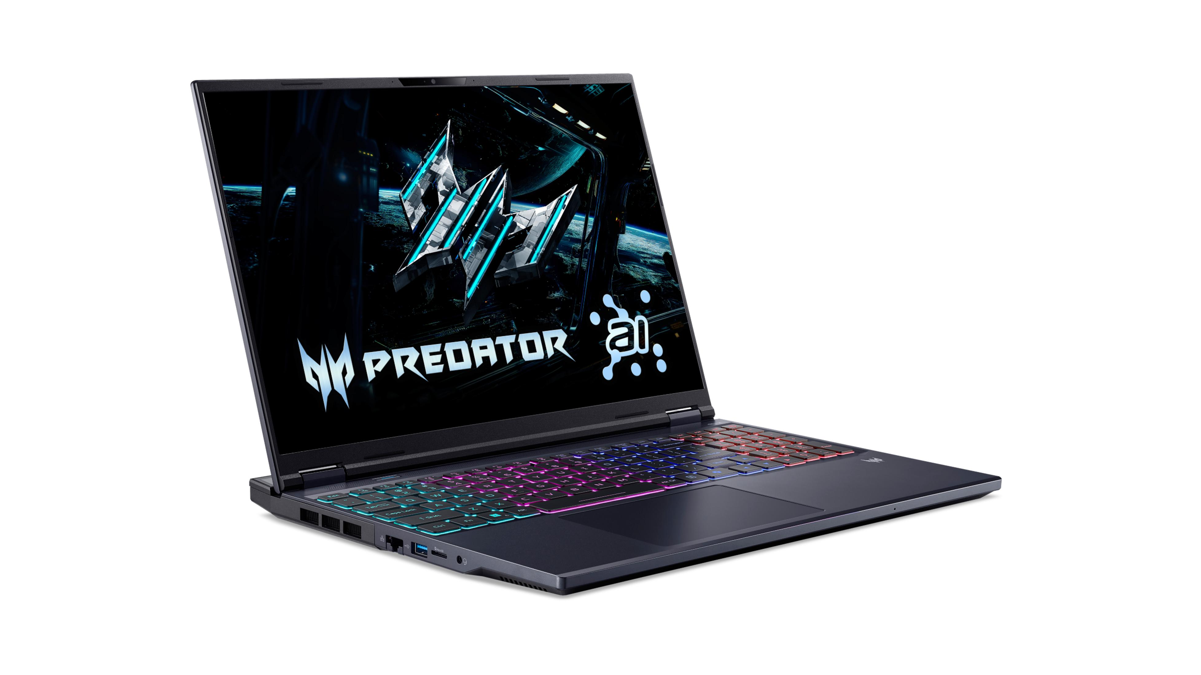 Otwarty laptop z podświetlaną klawiaturą i logo Predator na ekranie, na białym tle.