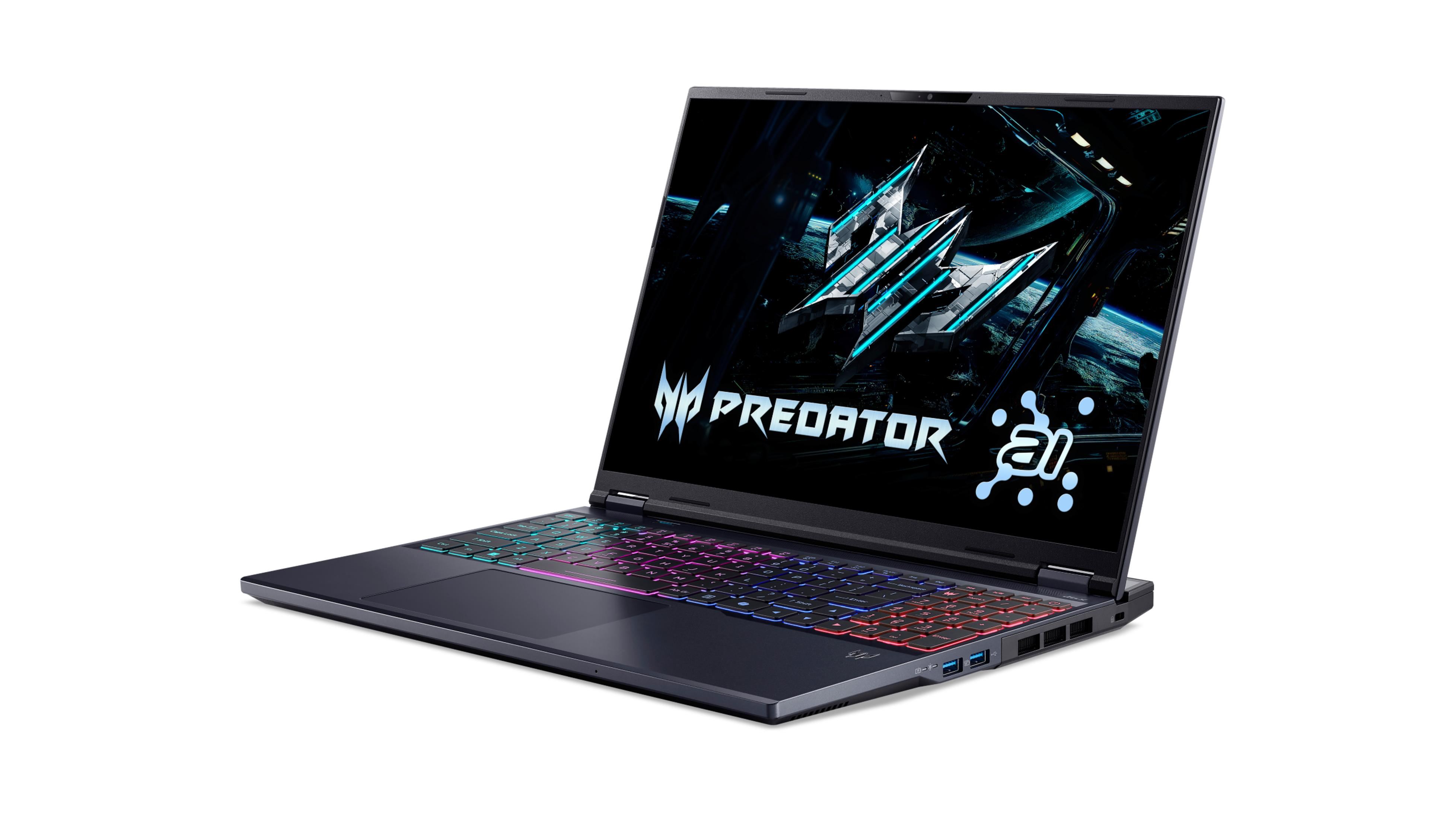 Otwarty laptop z podświetlaną klawiaturą i logo Predator na ekranie.