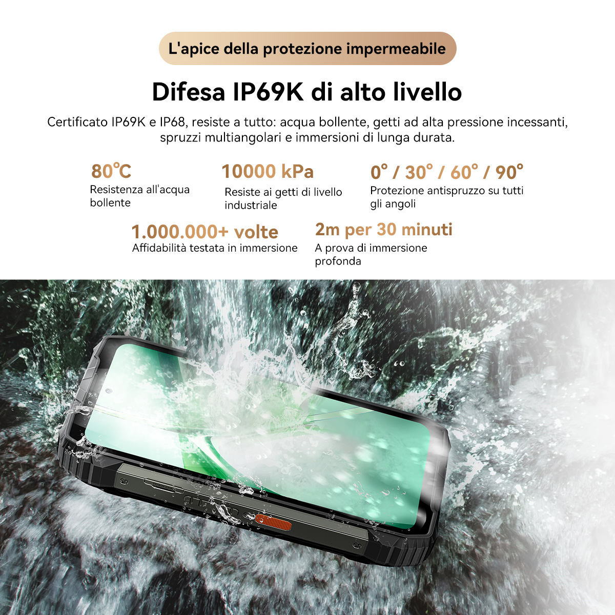 Smartphone robusto con protezione IP69K, sott'acqua a 80°C, 10000kPa, 2m/30min.