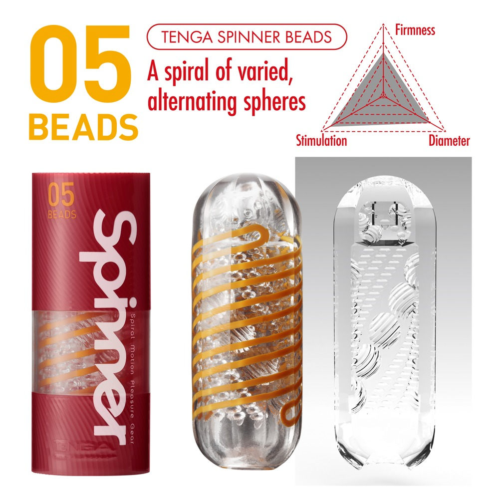 TENGA SPINNER BEADS: Produktverpackung, eine klare texturierte Hülle mit orangefarbener Spirale und eine klare Hülle.