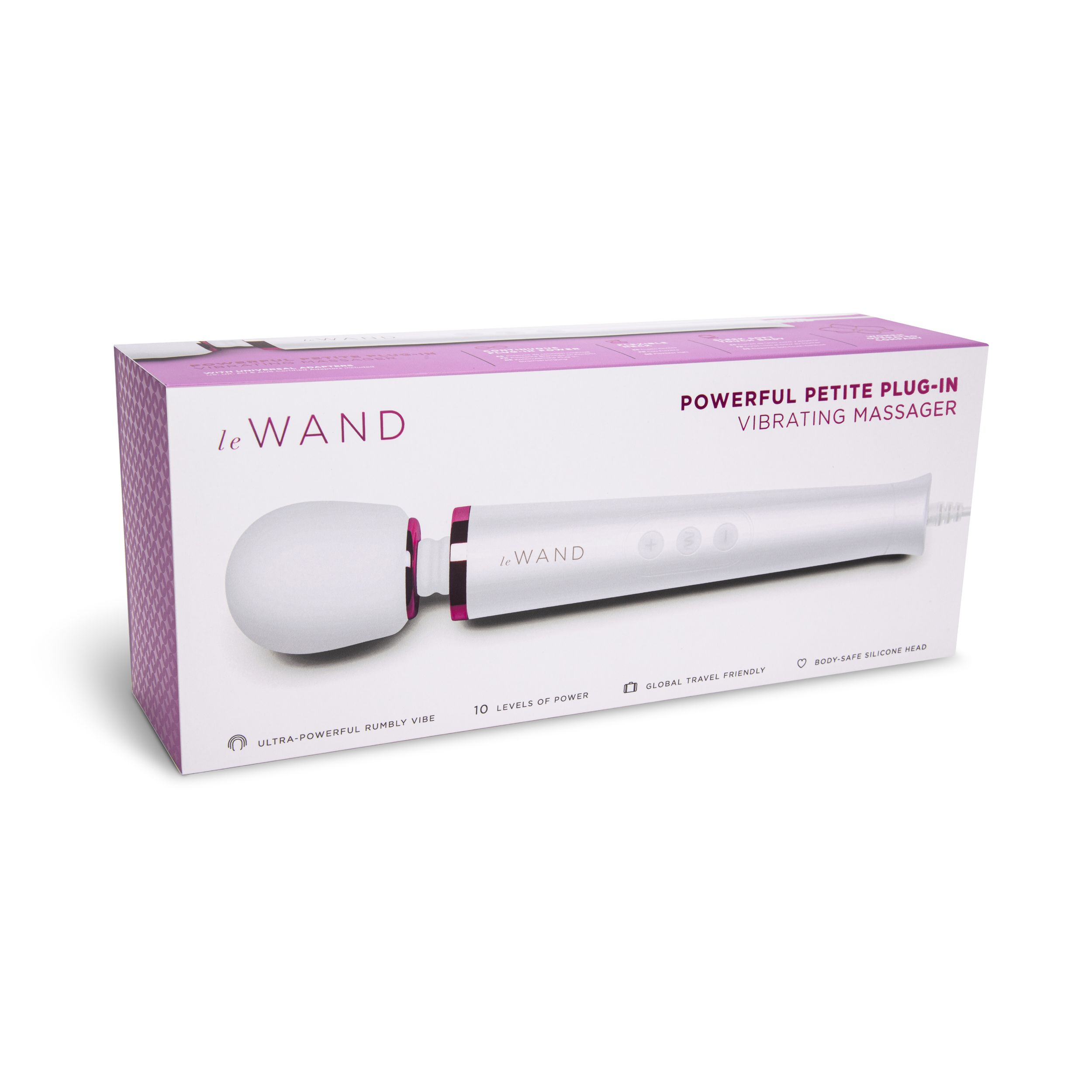Verpackung eines weißen Vibrationsmassagegeräts mit lila Akzenten.