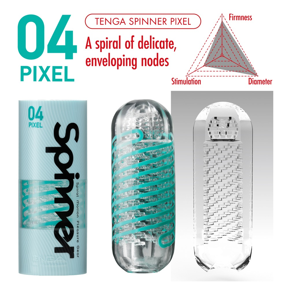 Produktverpackung und 3 Ansichten des TENGA SPINNER PIXEL. Texturierte Spirale innen.