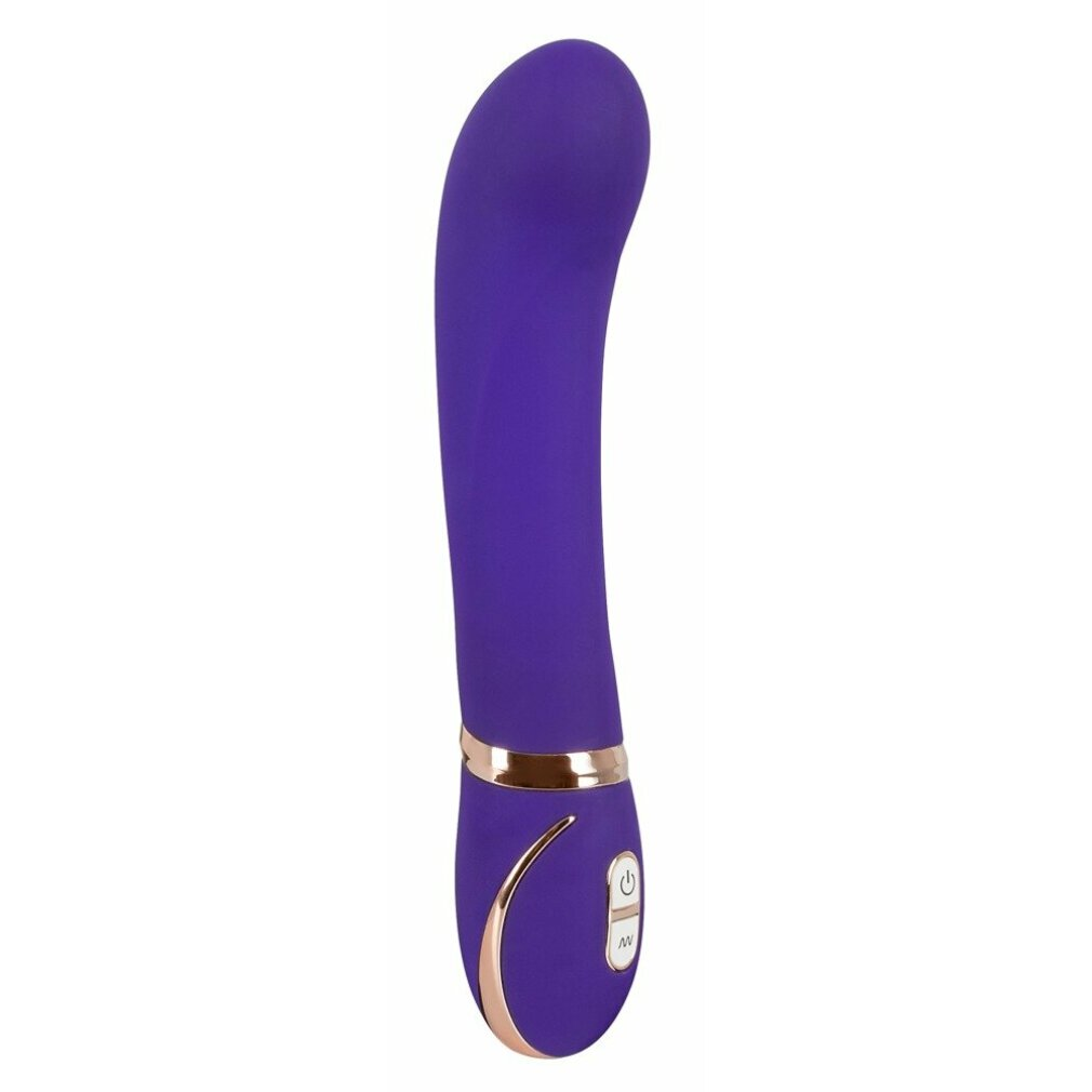 Ein violetter Vibrator mit goldenen Akzenten und zwei Bedientasten an der Basis.