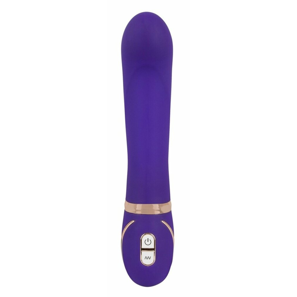 Lila Vibrator mit goldener Zierleiste und zwei Knöpfen mit Symbolen.