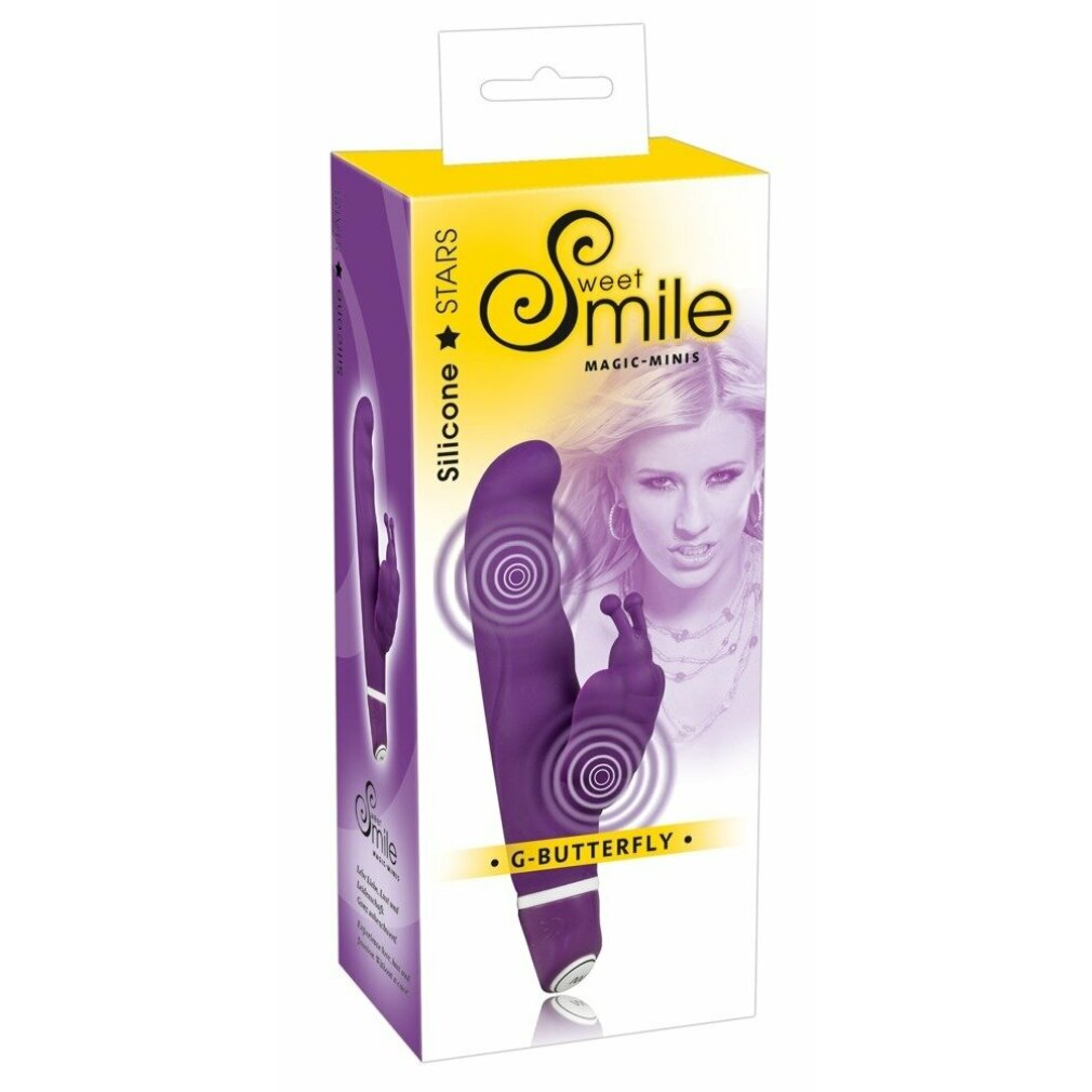 Lila Produktverpackung mit Bild einer Frau und einem lila Vibrator.