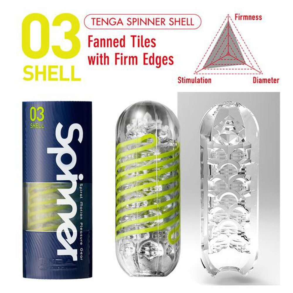 Trzy produkty Tenga Spinner Shell: opakowanie, w paski i przezroczyste.