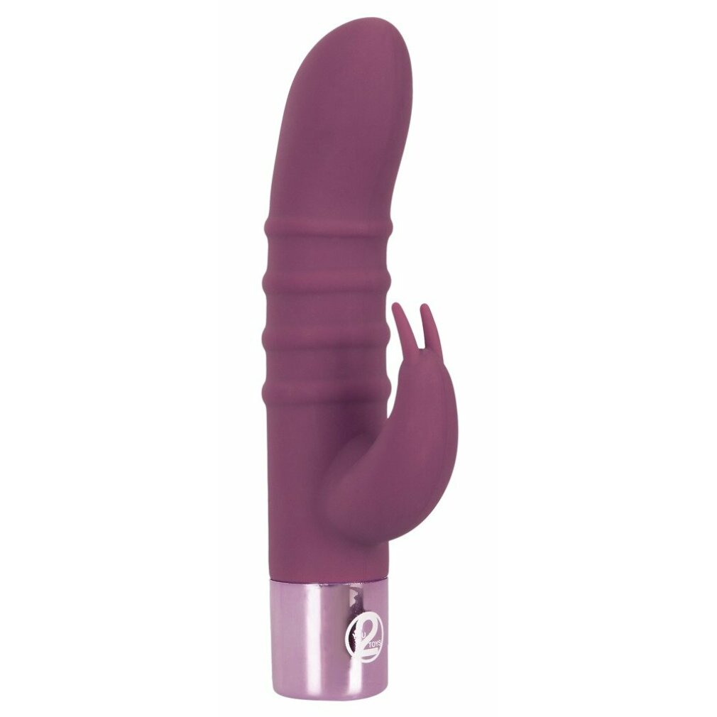 Ein lila Vibrator mit Rillen und einem gebogenen Anhängsel, unten mit silbernem Metall.