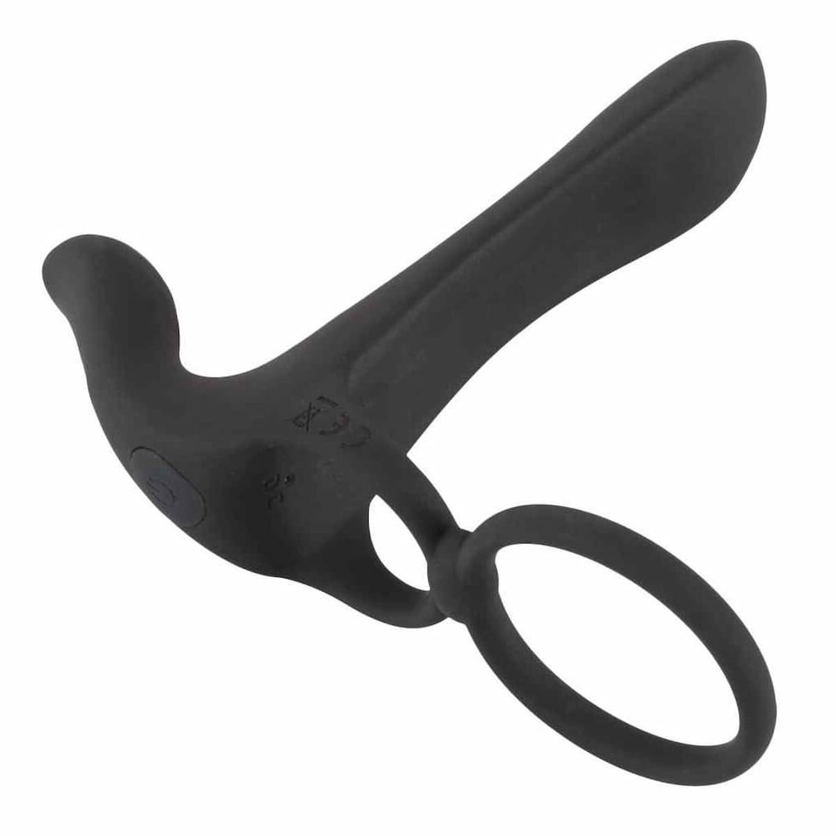 Ein schwarzes, gebogenes Objekt mit einem Ring, möglicherweise ein Sexspielzeug.