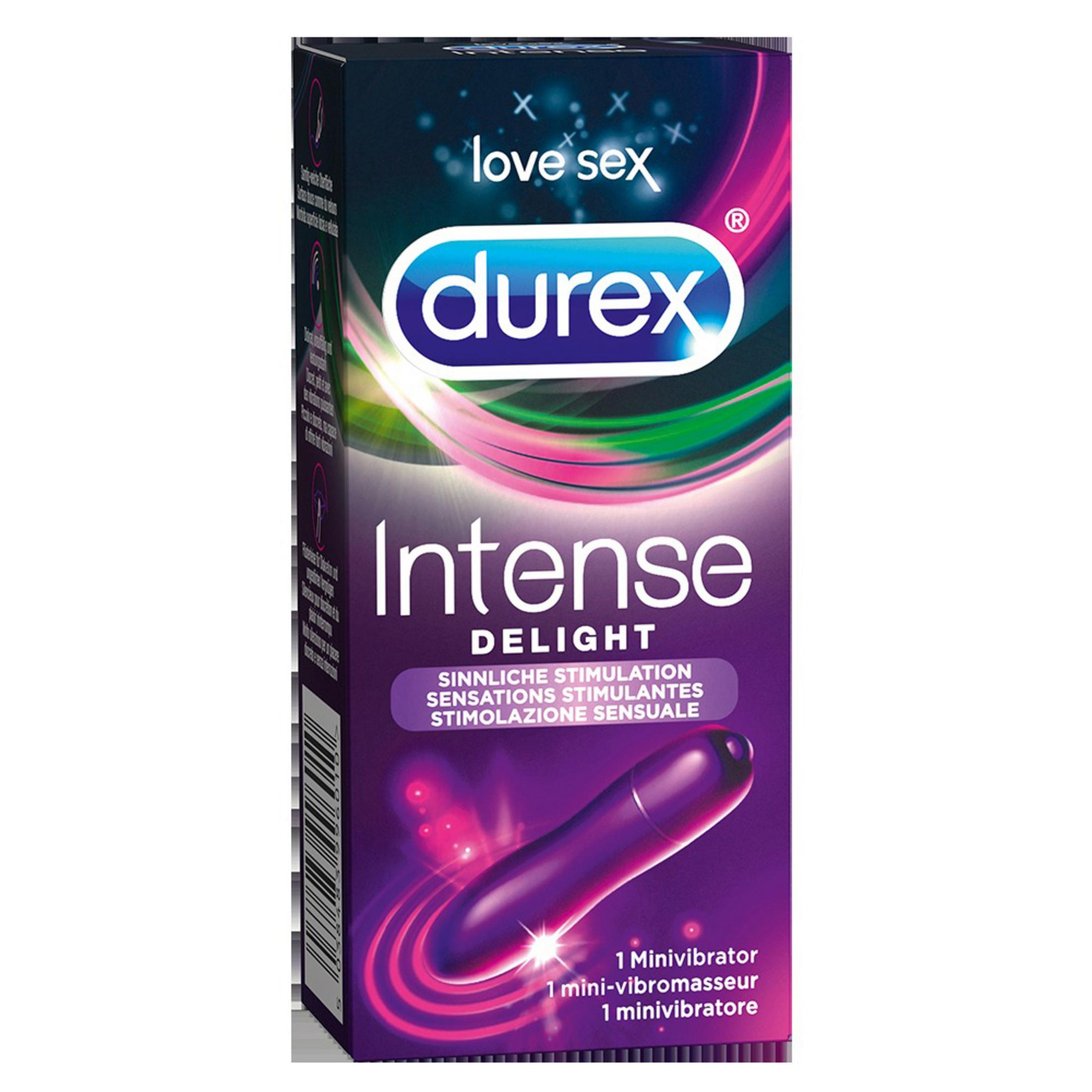 Durex Intense Delight Packung mit einem lila Minivibrator.