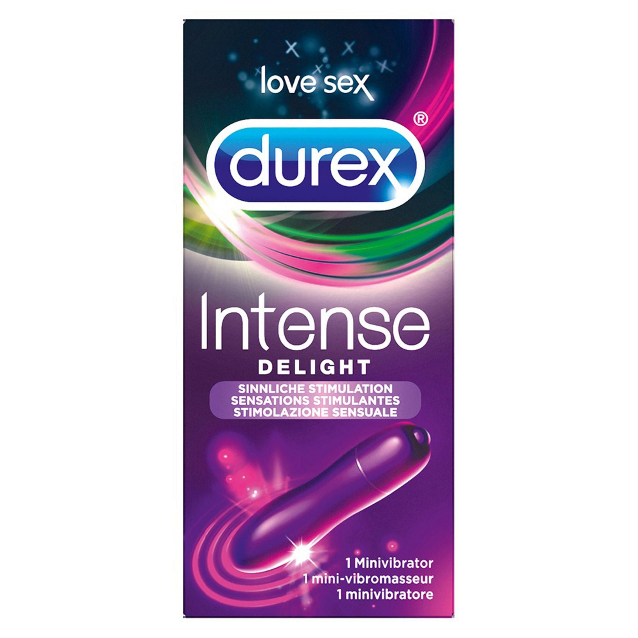Verpackung eines Durex Intense Delight Minivibrators in Lila mit Glitzer.