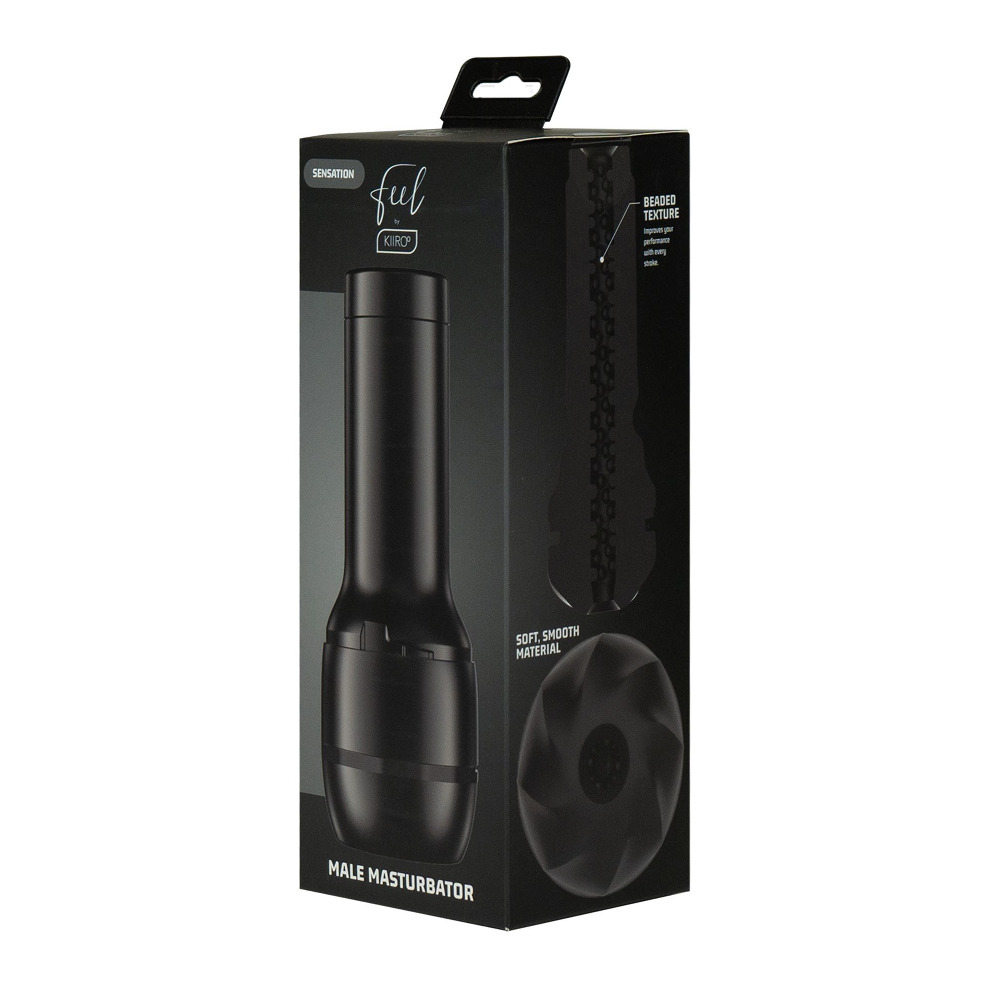 Schwarze Verpackung für einen männlichen Masturbator mit Texturdetails und Materialbeschreibung.