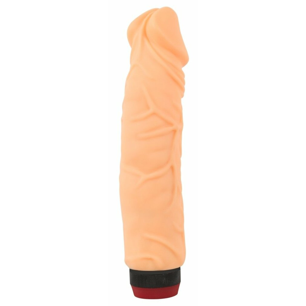 Ein hautfarbener Dildo mit Rillen und einem schwarzen/roten Sockel.