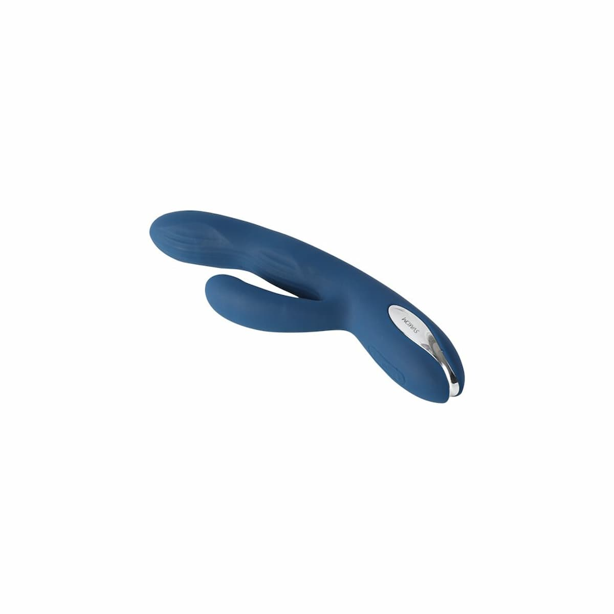 Niebieski wibrator z srebrnymi akcentami na białym tle.