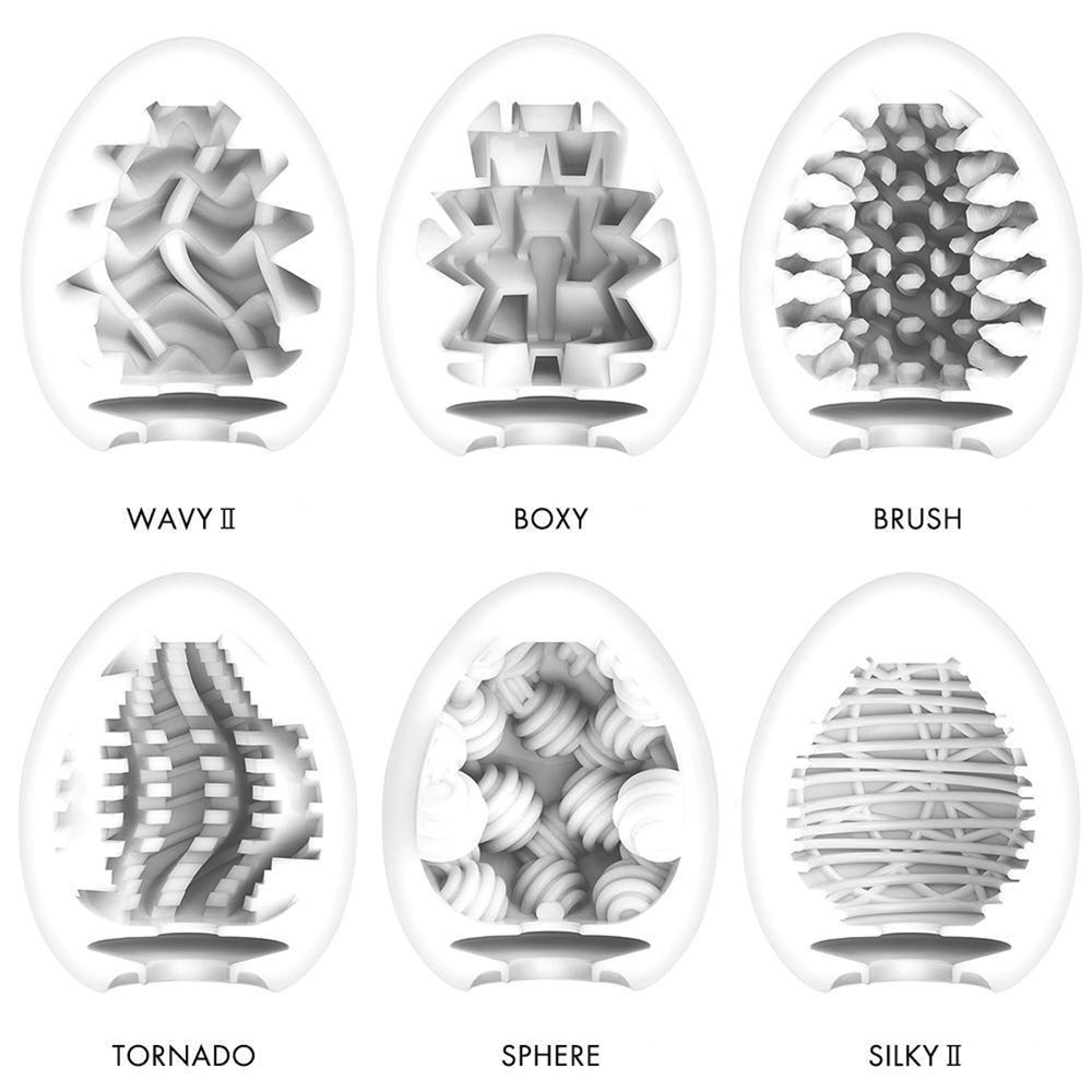 Sechs Eierförmige Objekte mit unterschiedlichen inneren Texturen: Wavy II, Boxy, Brush, Tornado, Sphere, Silky II.
