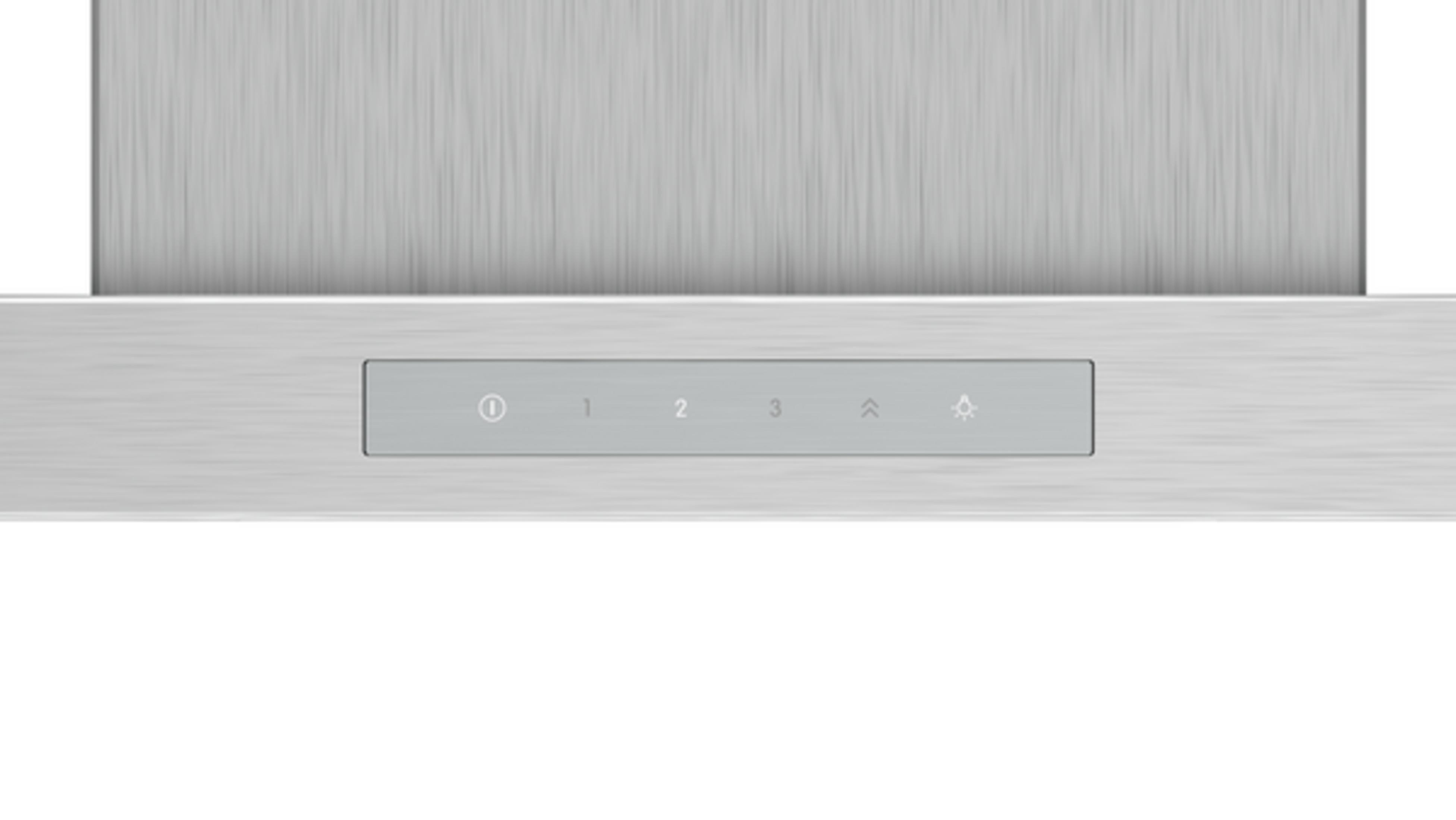 Cappa in acciaio inox con pannello touch control: On/Off, 1, 2, 3, ventola su, luce.