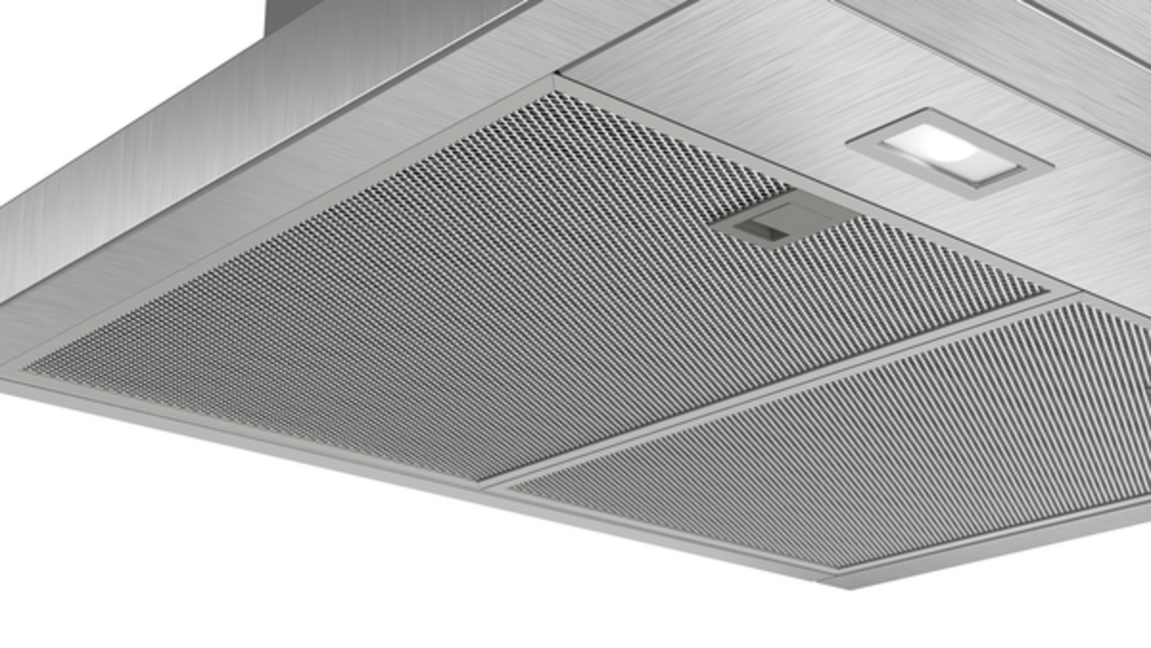 Cappa in acciaio inox con griglie e luce.