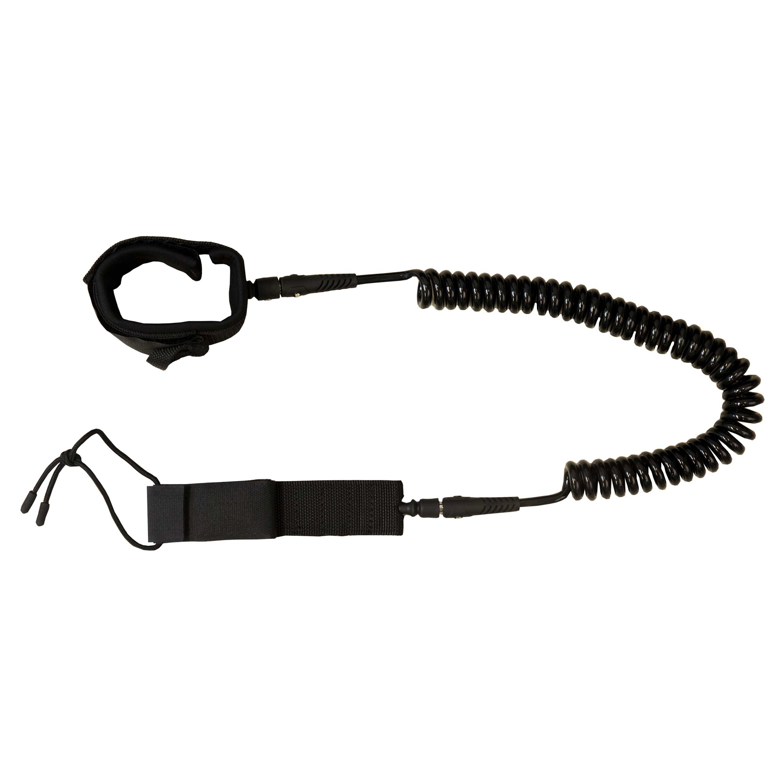 Schwarzes Surf-Leash mit Klettverschluss und Spiralkabel.