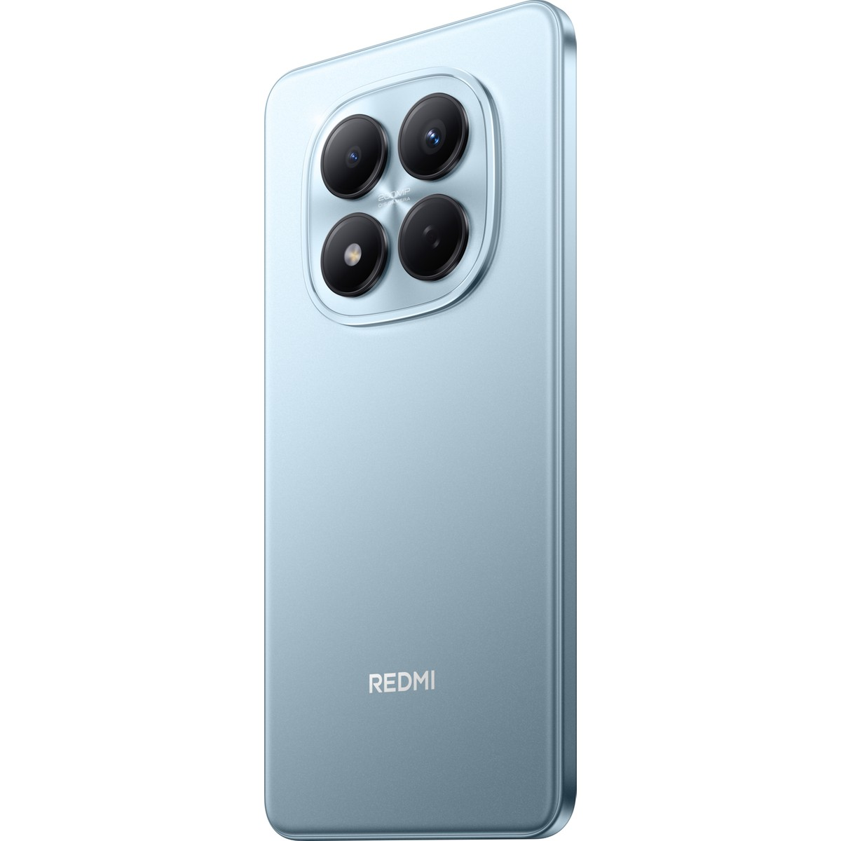 Arkada dört kamerası ve REDMI logosu bulunan açık mavi bir akıllı telefon.