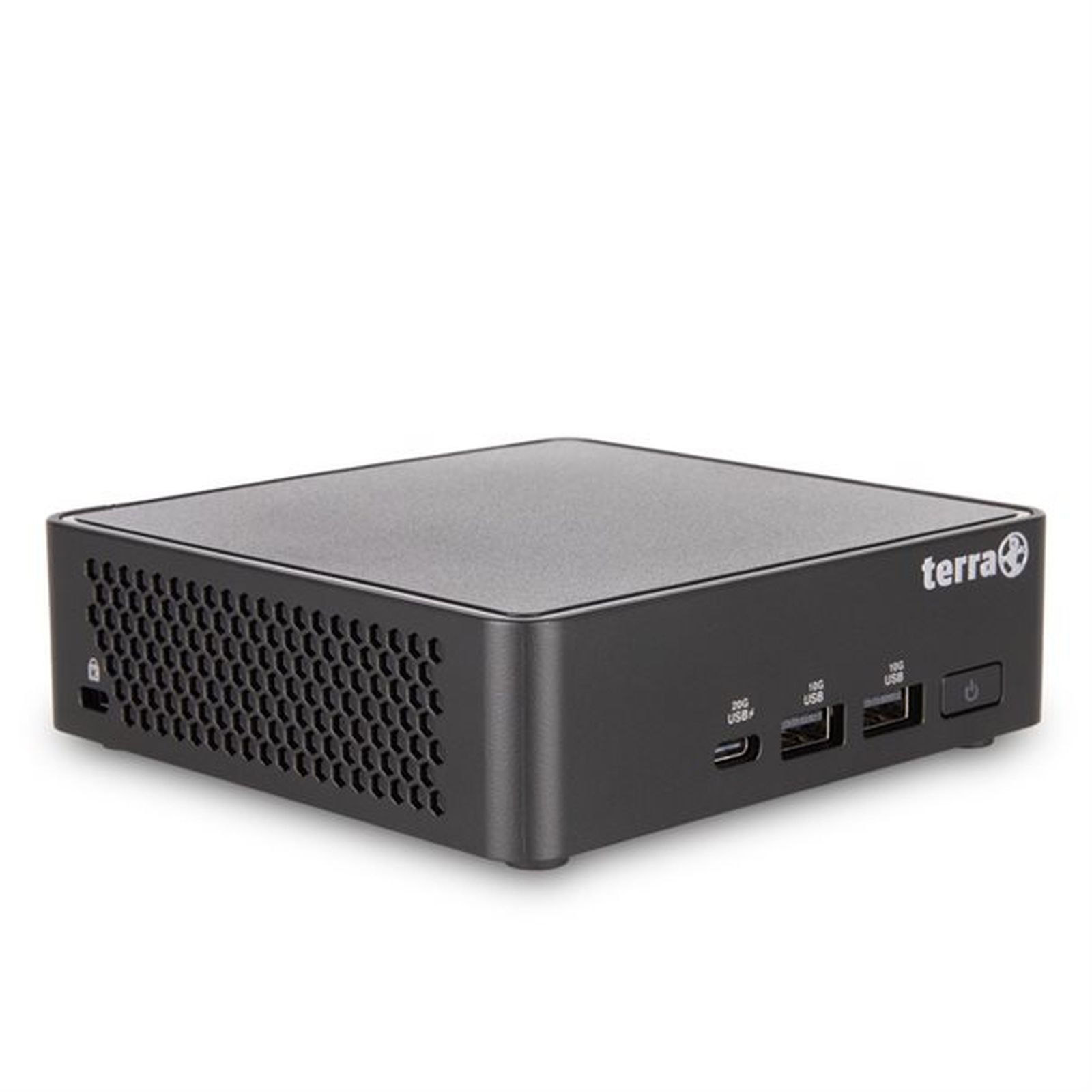 Un PC Terra nero e compatto con fessure di ventilazione e porte USB.