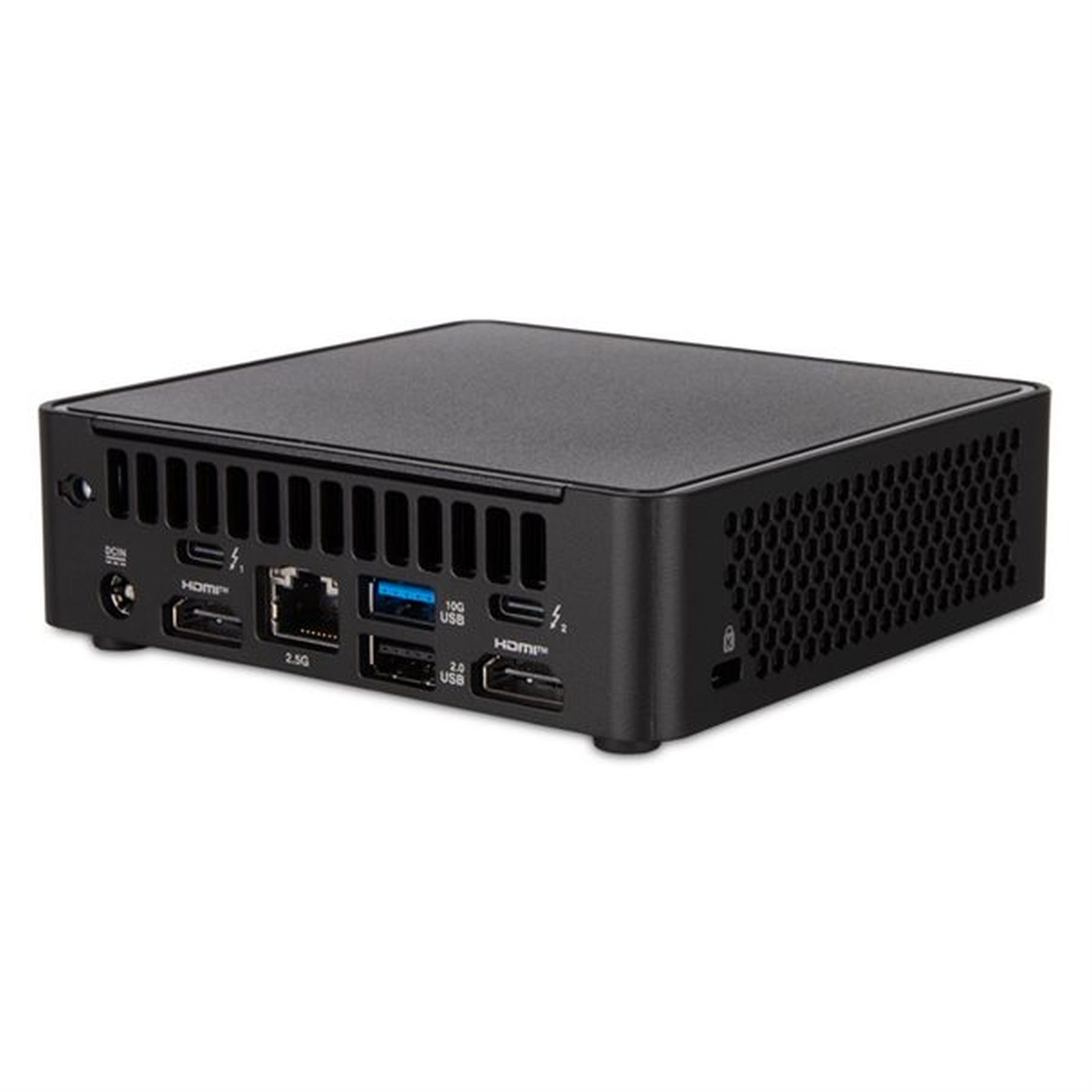 Un mini PC nero compatto con porte HDMI, USB ed Ethernet.