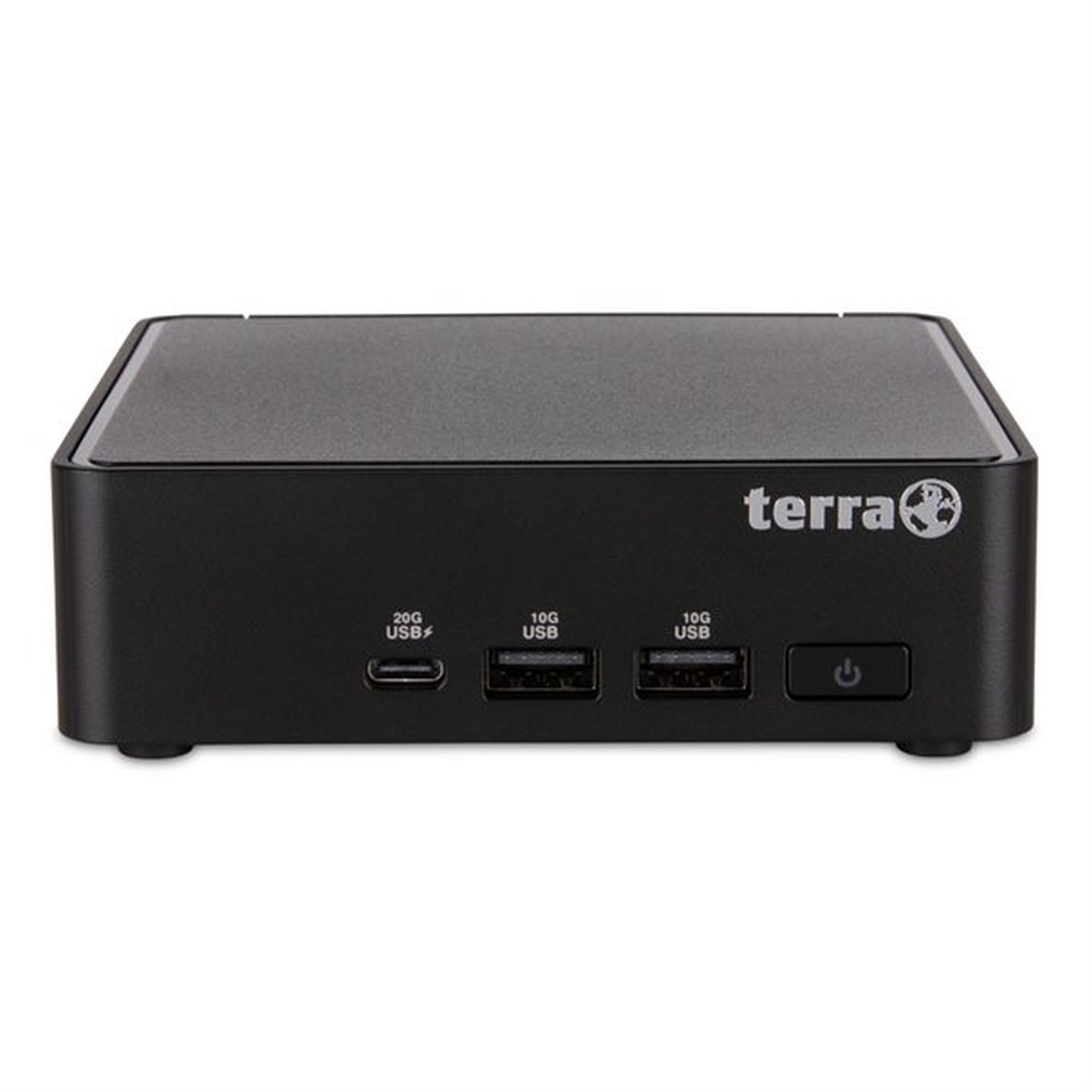 Dispositivo Terra nero con porte USB e pulsante di accensione.