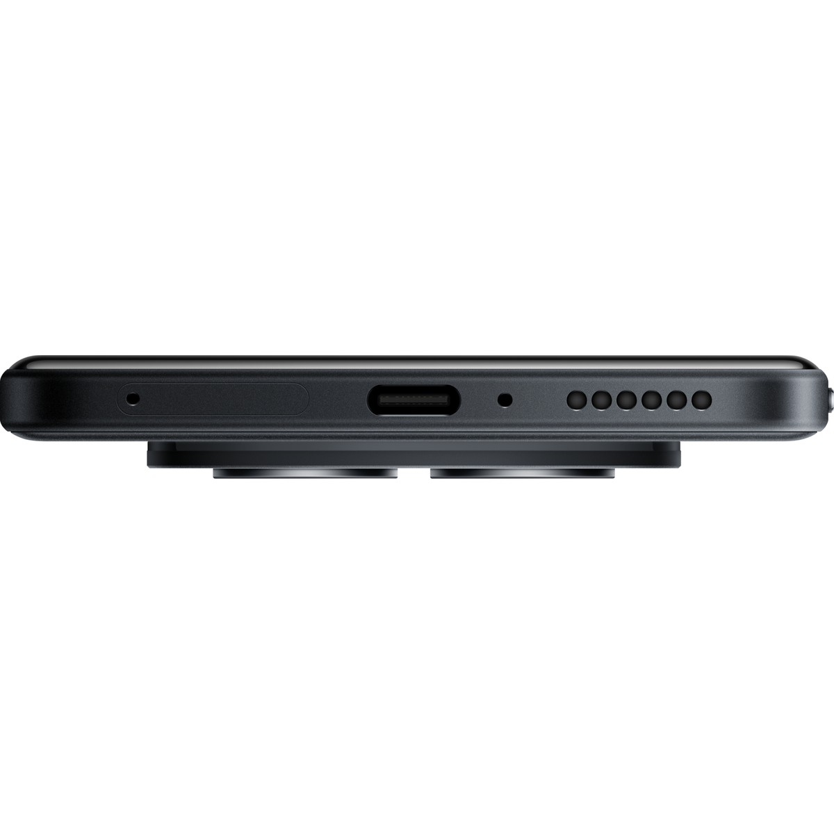 USB-C bağlantı noktası ve hoparlör ızgarası gösteren siyah akıllı telefonun alt kenarı.