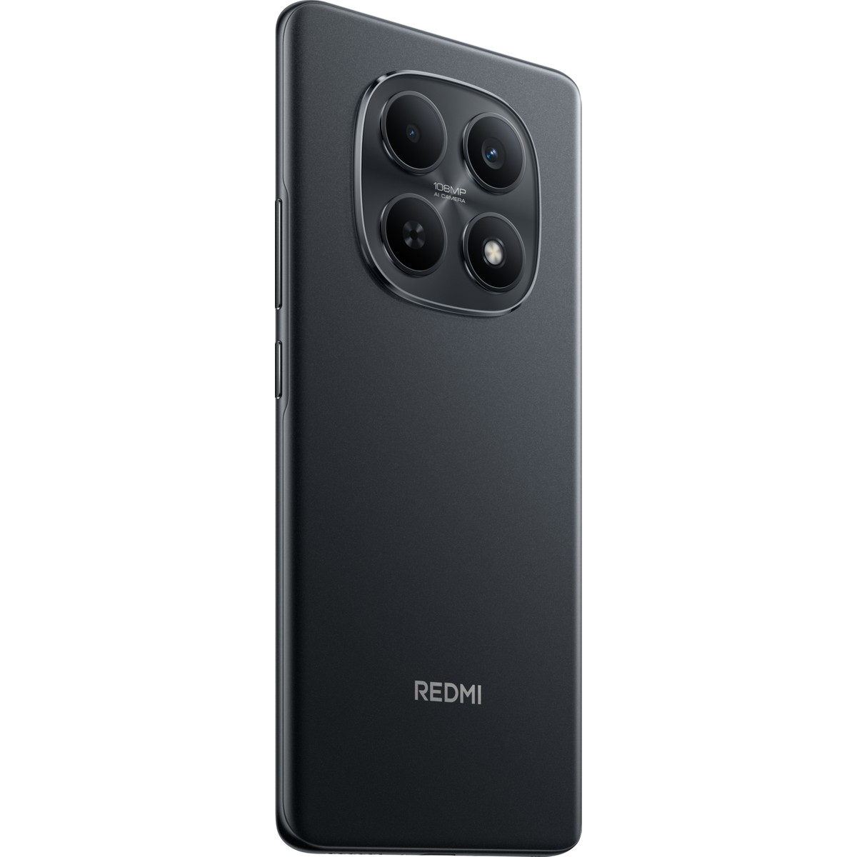 Dört kameralı ve Redmi logolu koyu renkli akıllı telefonun arkası.