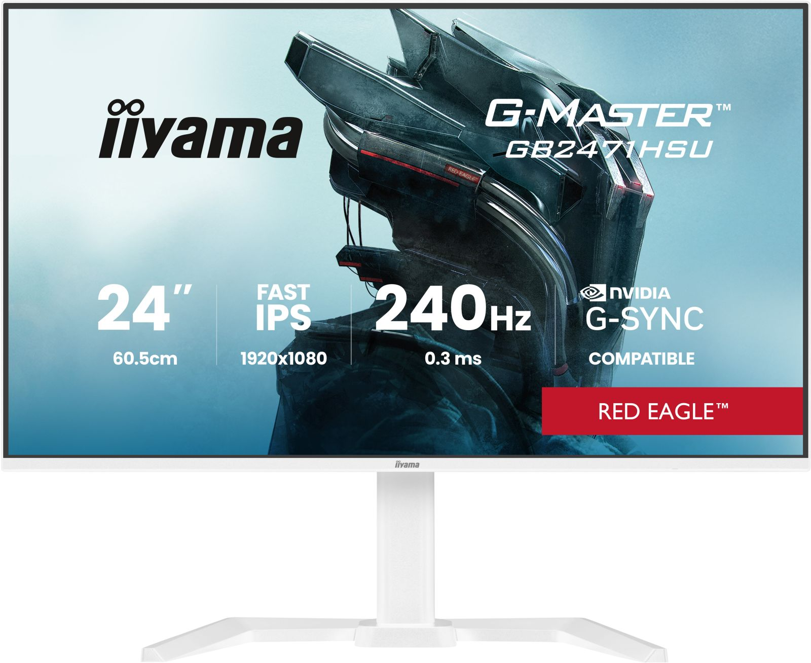 A white Iiyama gaming monitor featuring a futuristic head design. 24-inch, 240Hz.