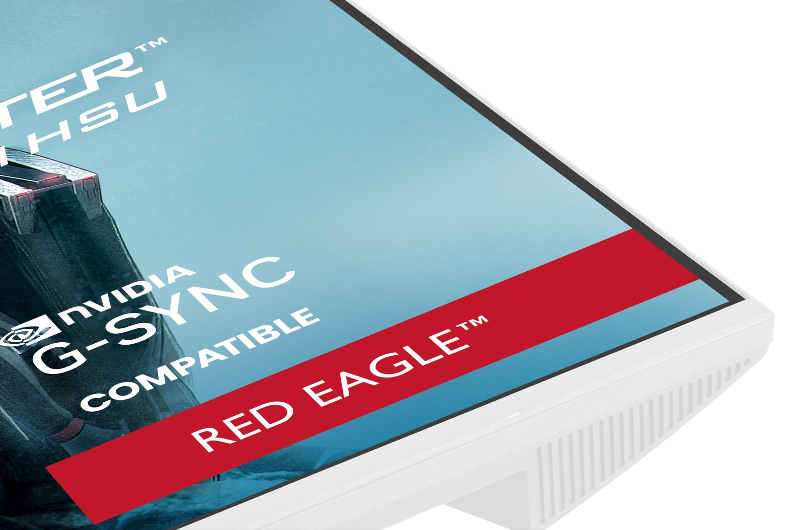 A monitor displays NVIDIA G-SYNC and RED EAGLE text against a blue background.
