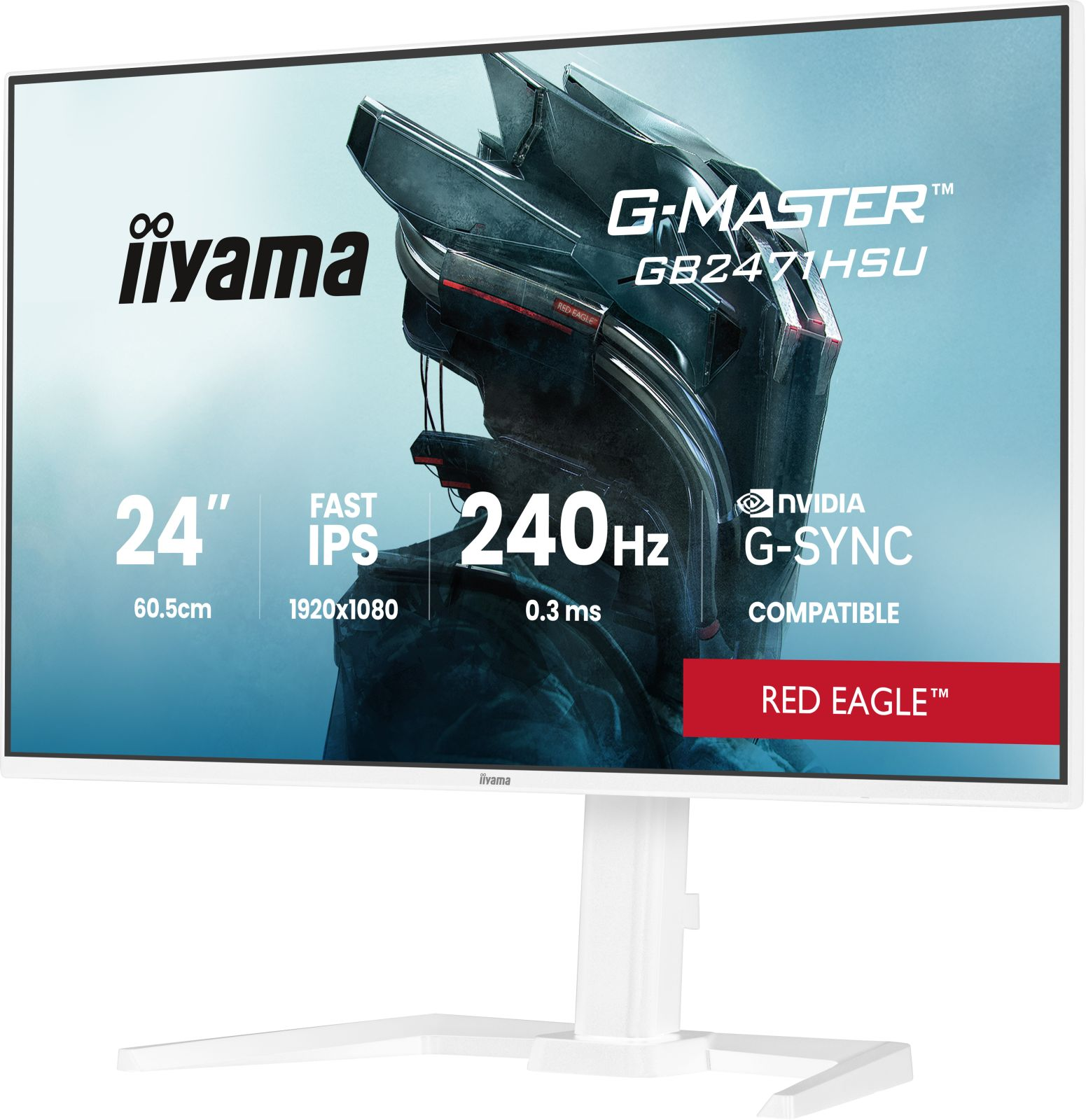 A white Iiyama 24-inch gaming monitor featuring 240Hz and G-Sync compatibility.