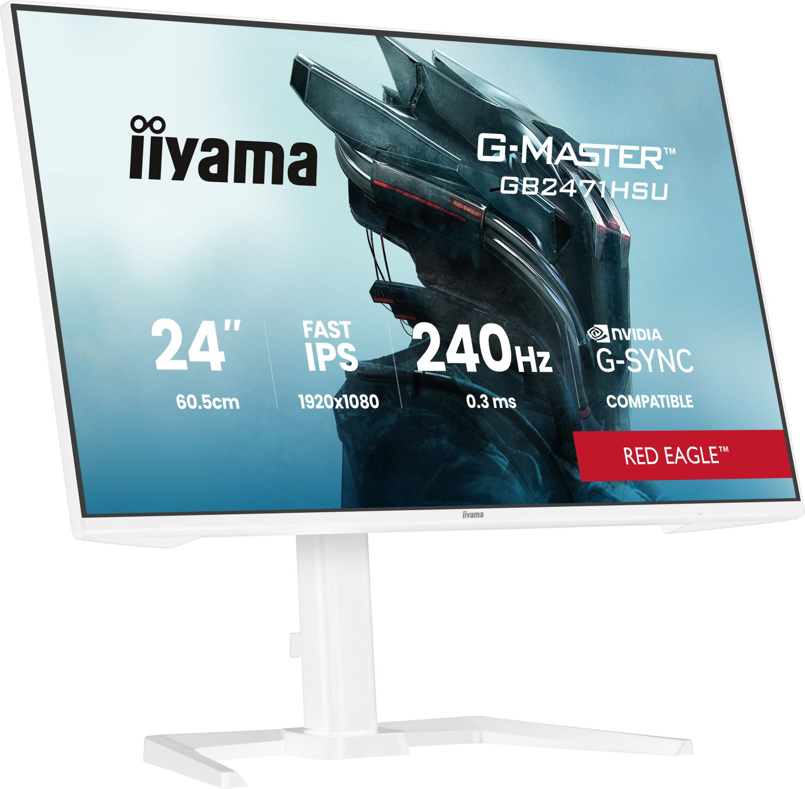 A white 24-inch Iiyama G-Master gaming monitor with 240Hz and Nvidia G-Sync.