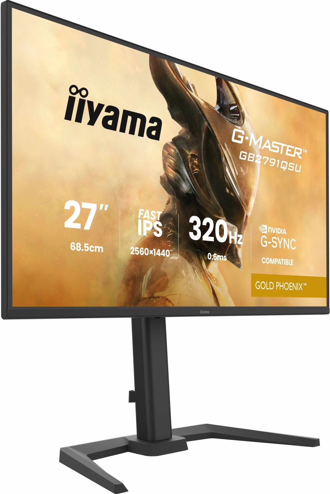 Ein schwarzer Iiyama G-Master 27-Zoll-Gaming-Monitor mit einem goldenen Phönix auf dem Bildschirm.