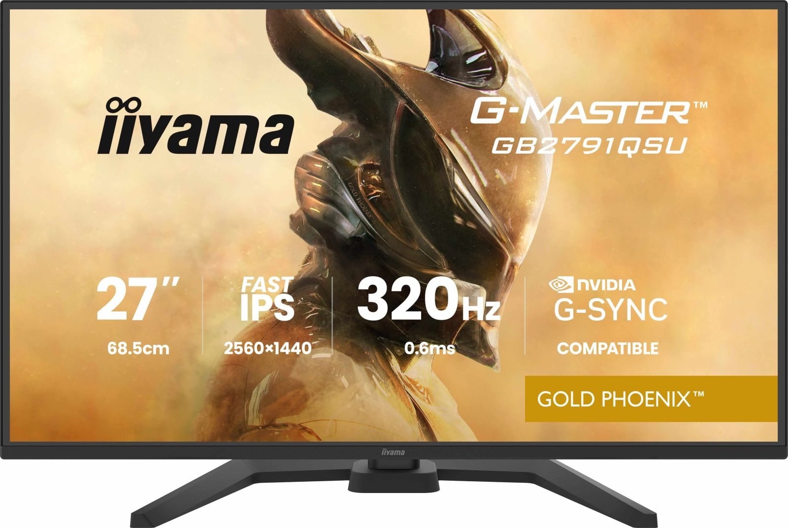 Ein 27-Zoll-Iiyama-Monitor mit Gold Phoenix-Design, 320 Hz, 2560x1440 Auflösung.