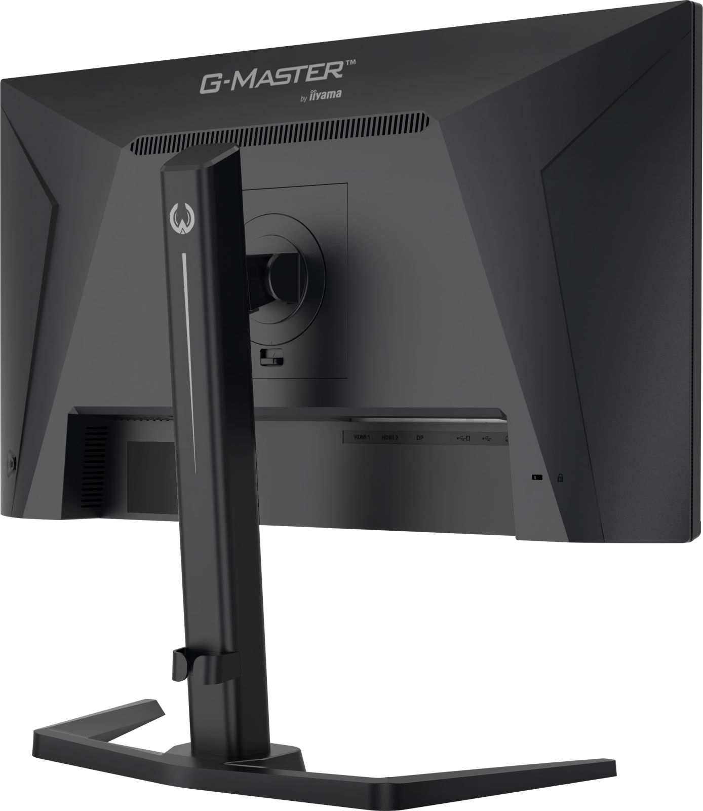 Rückseite eines schwarzen Monitors mit Ständer und Anschlüssen.