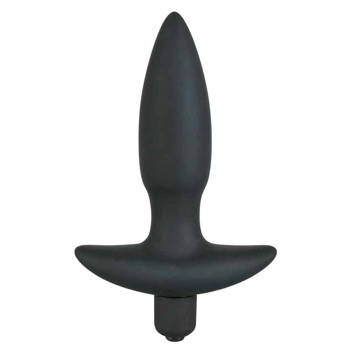 Ein schwarzer, spitzer Plug mit einem breiten Flansch.