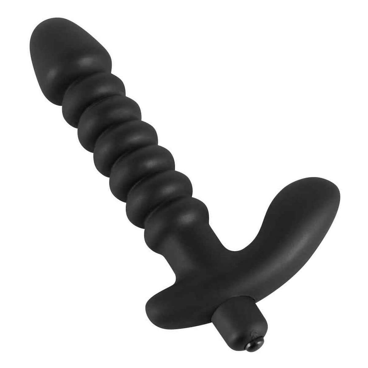 Ein schwarzes, geripptes Dildo-ähnliches Objekt mit einem gebogenen Griff.