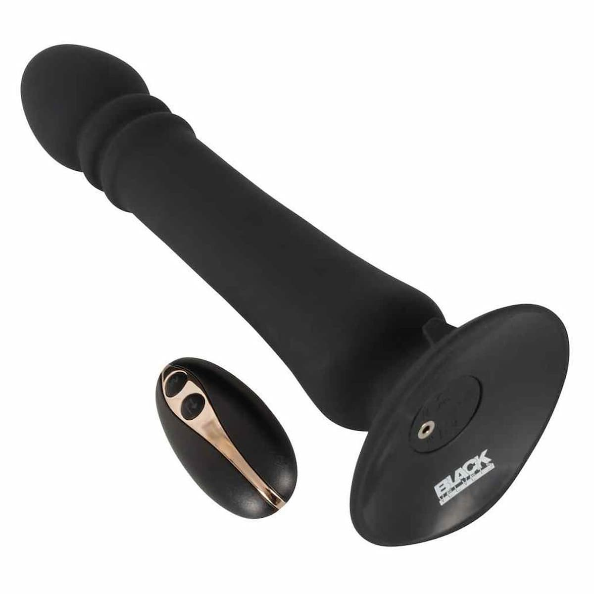 Ein schwarzer Dildo mit gerilltem Ende und einer ovalen Fernbedienung daneben.