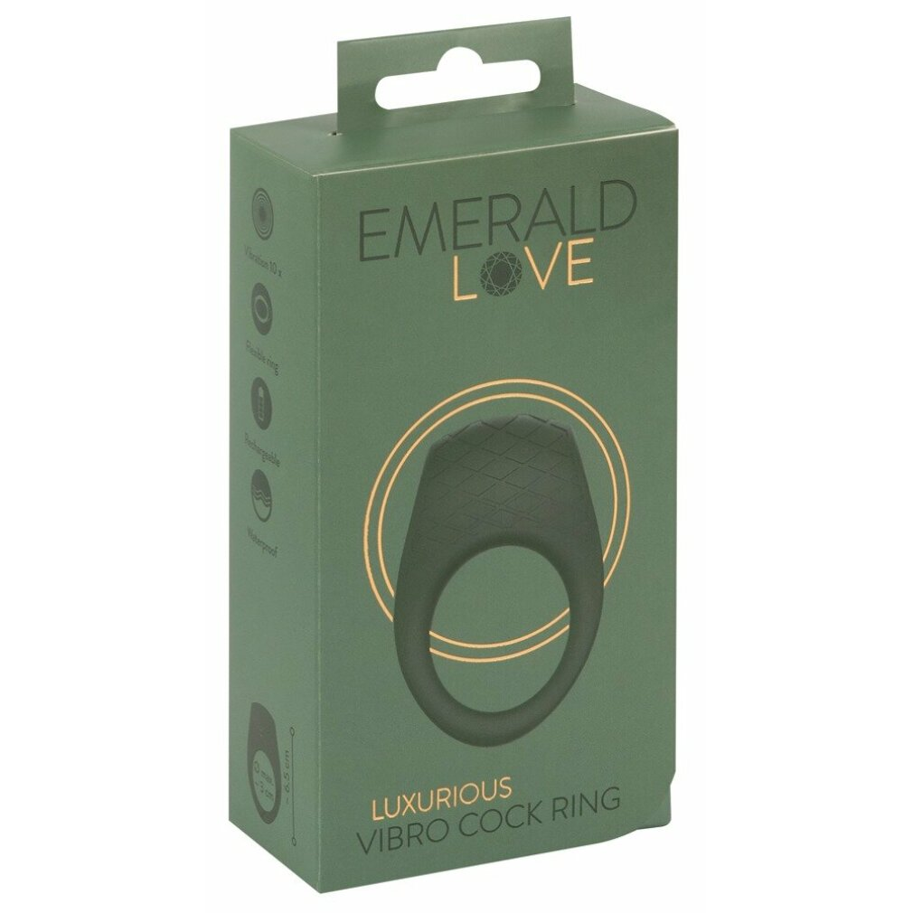 Dunkelgrüne Verpackung für einen luxuriösen Vibro-Cockring mit Erhebungen.