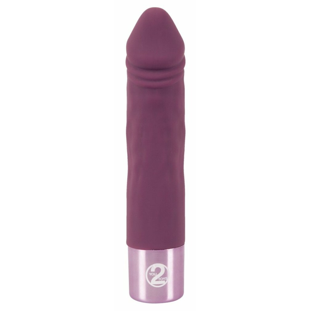 Ein lila Vibrator mit einem silbernen Ring am Sockel und der Aufschrift "YOU2TOYS".