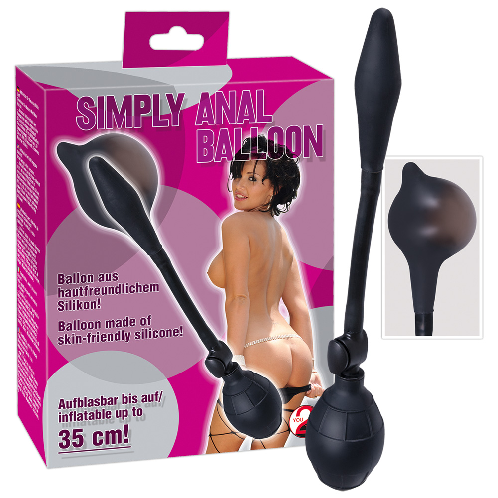 Verpackung und Produkt eines analen Ballons aus Silikon. Aufblasbar bis 35 cm.