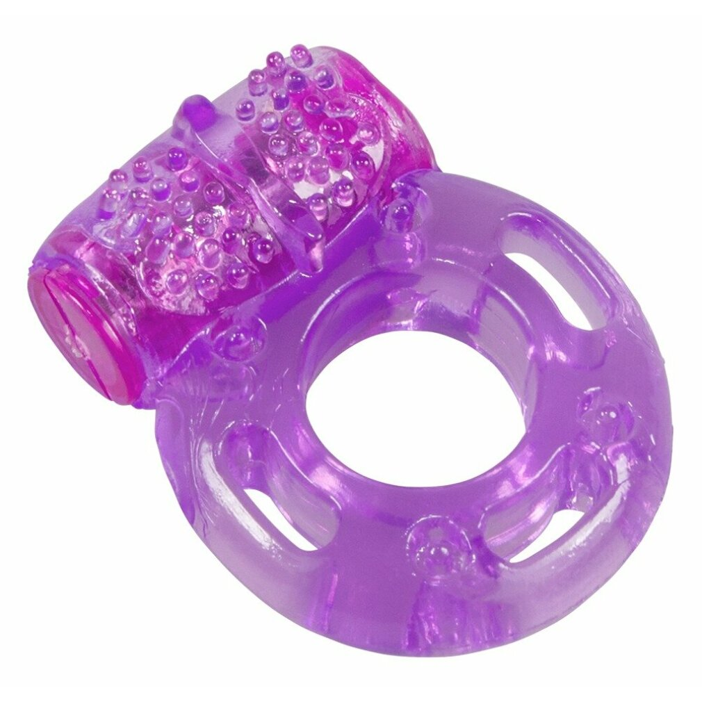 Lila Vibrationsring mit Noppen auf der Vorderseite und einem Ring aus transparentem Kunststoff.