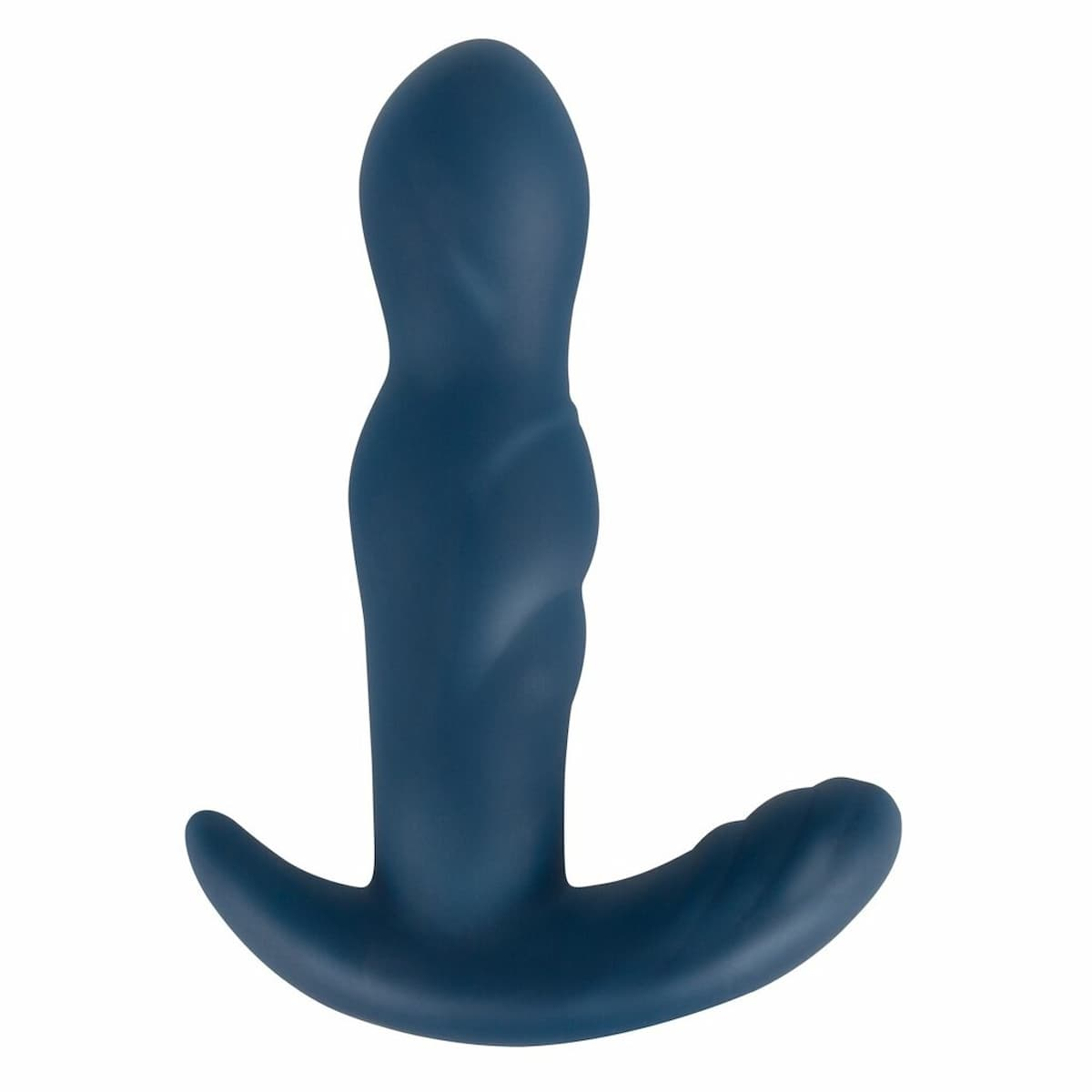 Ein blauer, spiralförmiger Vibrator mit einer T-förmigen Basis. Weier Hintergrund.
