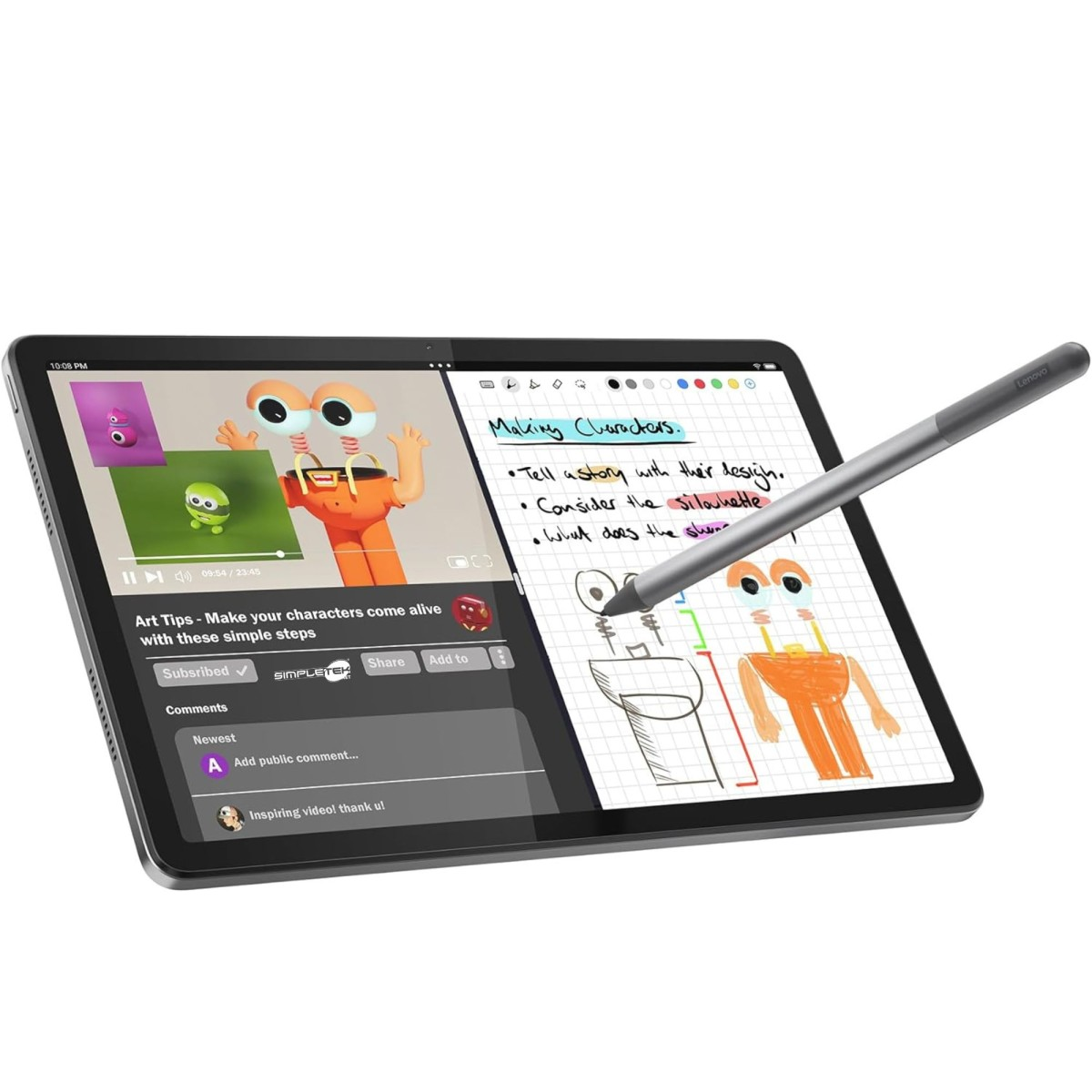 Tableta mostrando un tutorial en video y notas. Un lápiz óptico está activo en las notas.