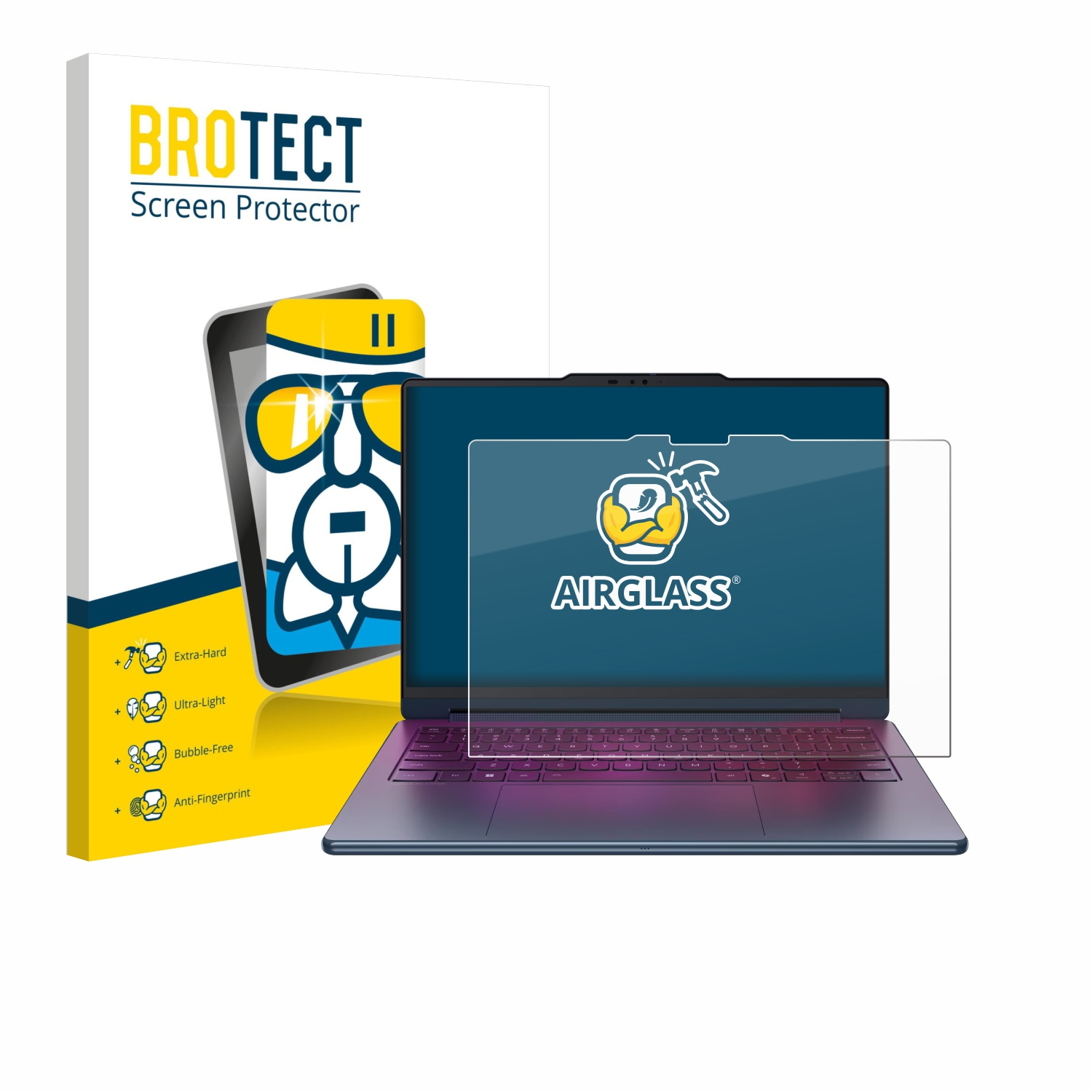 Ein Laptop mit einem Displayschutz. Verpackung und Laptop im Vordergrund.