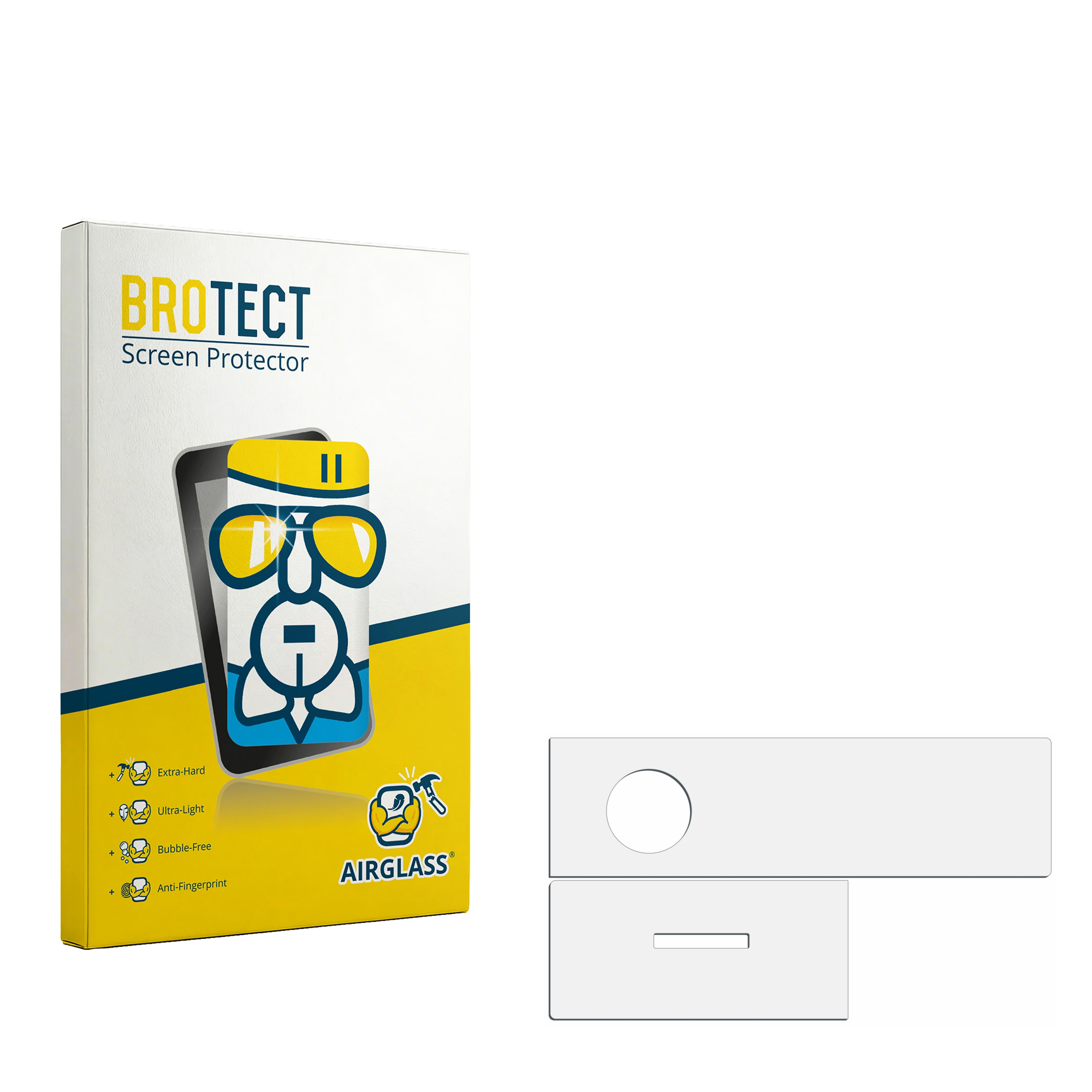 BROTECT Displayschutzfolie Verpackung mit Symbolen für extra hart, leicht, blasenfrei, Anti-Fingerabdruck.